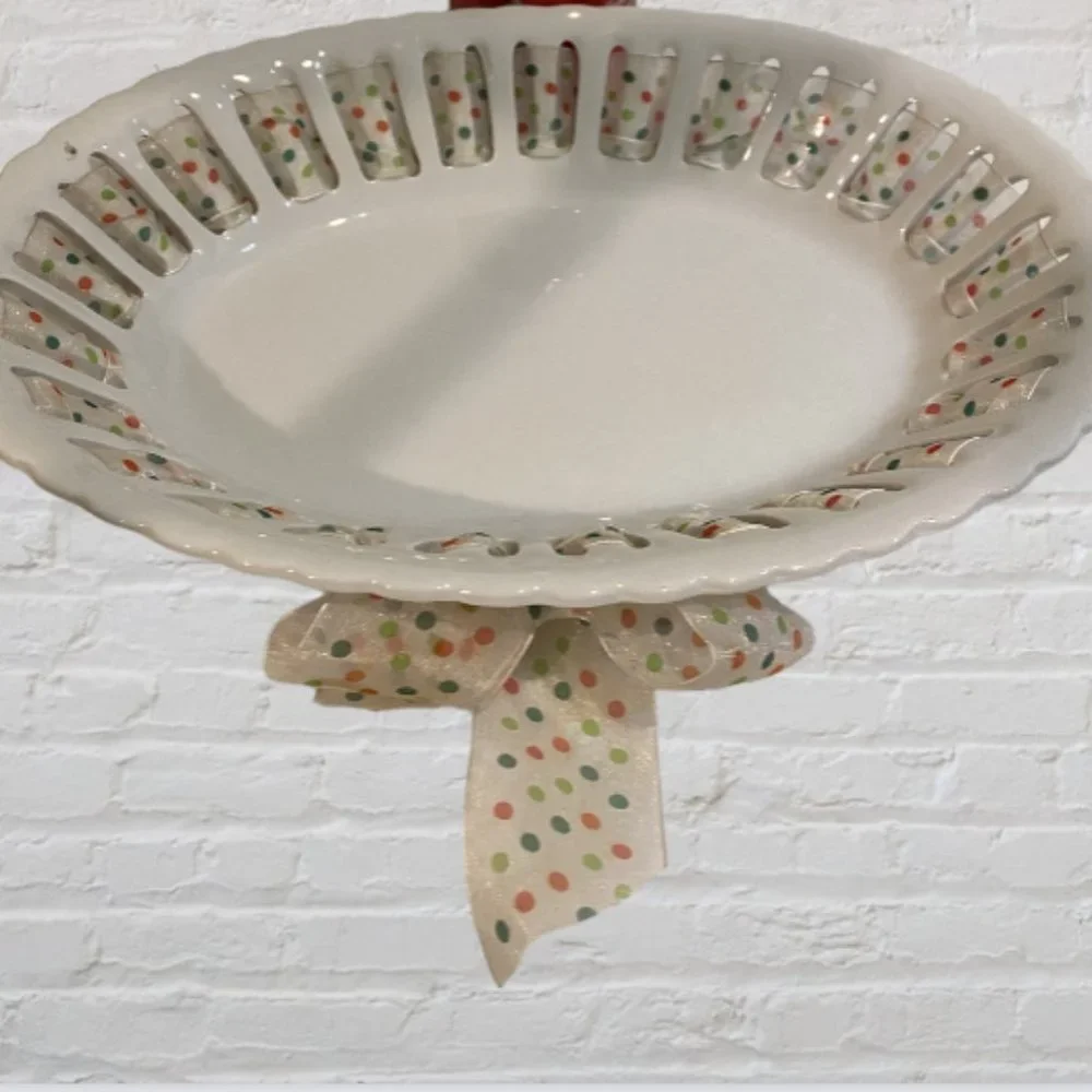 PARTY PLATE -- Ceramic, Bread/Candy/Cookies/Favors, Polka Dot Ribbon Wrapped